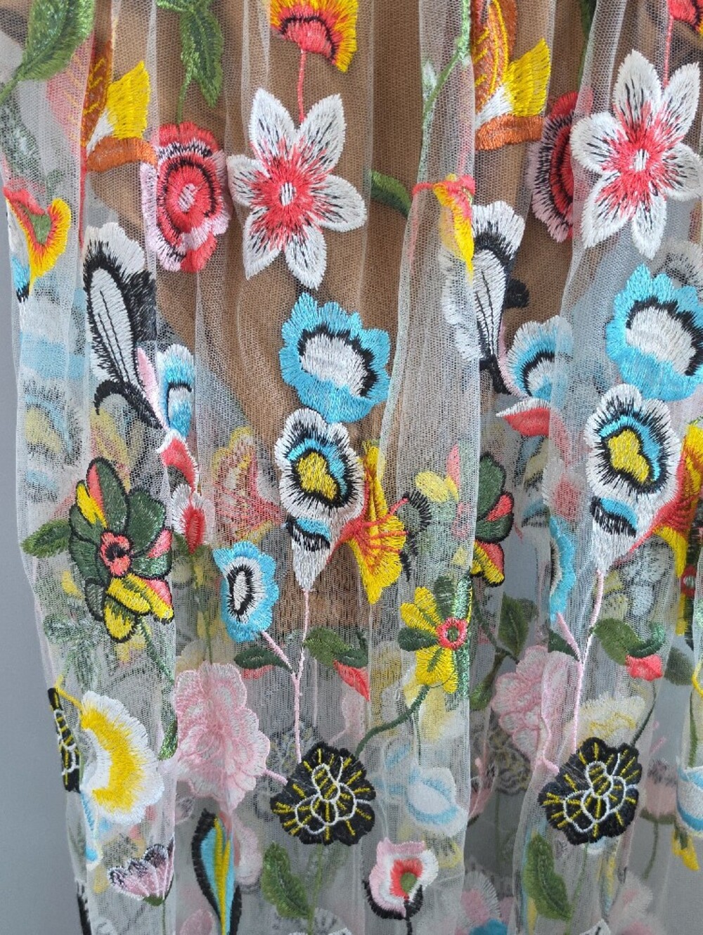Embroidered Floral Sheer Maxi Dress in Tan with Multicolor Blooms - Picture 3 of 11